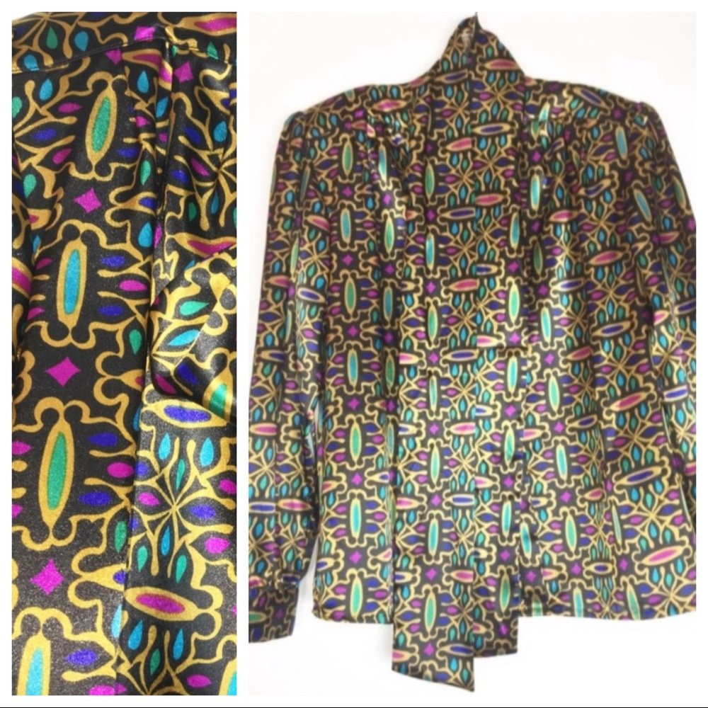 Vintage Marlis Black Gold Blouse with a Tie Neck